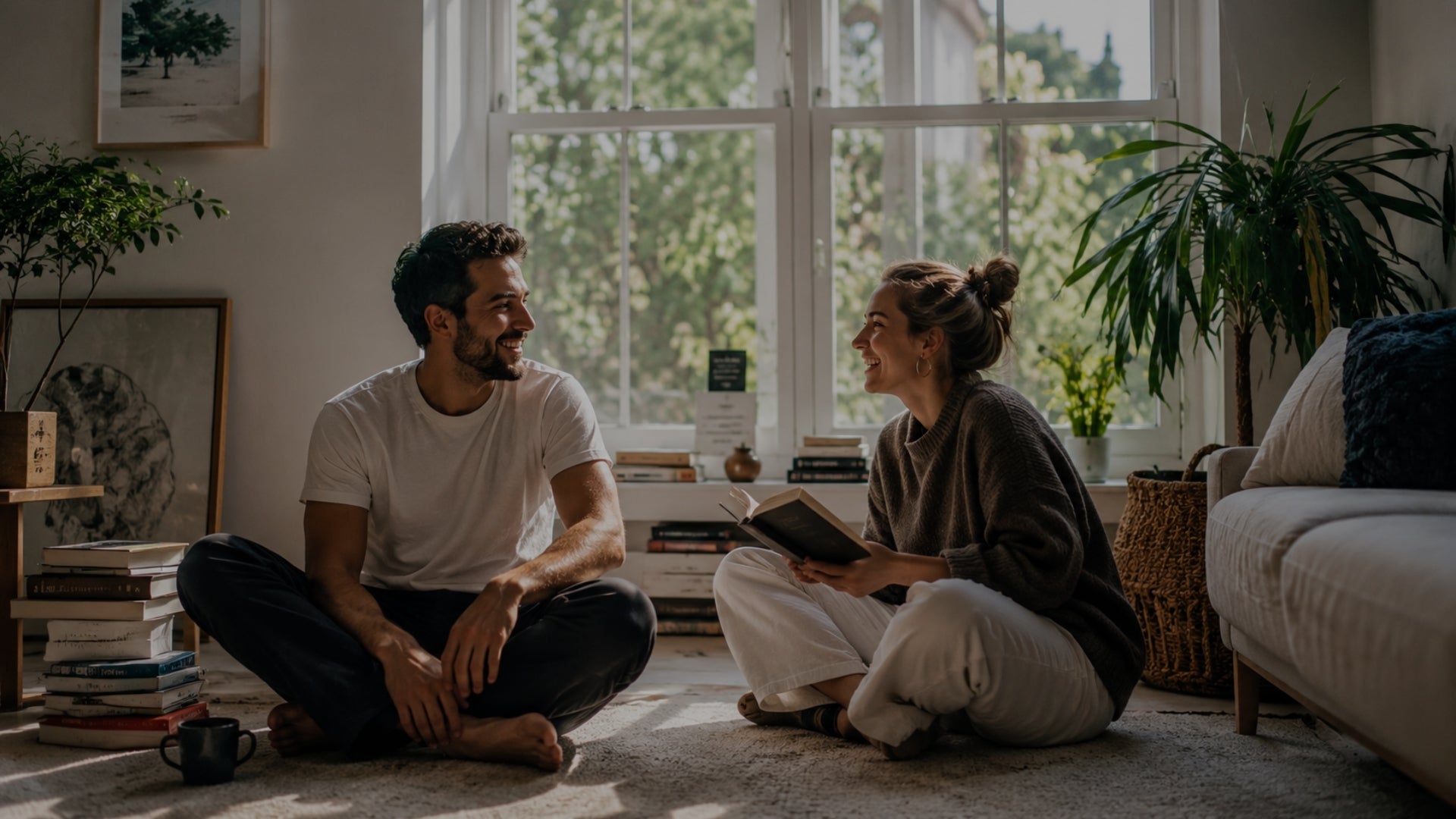Two people sitting on the floor in a living room, engaged in conversation.