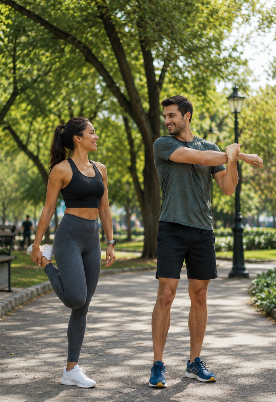 Man and woman stretching outdoors in a park