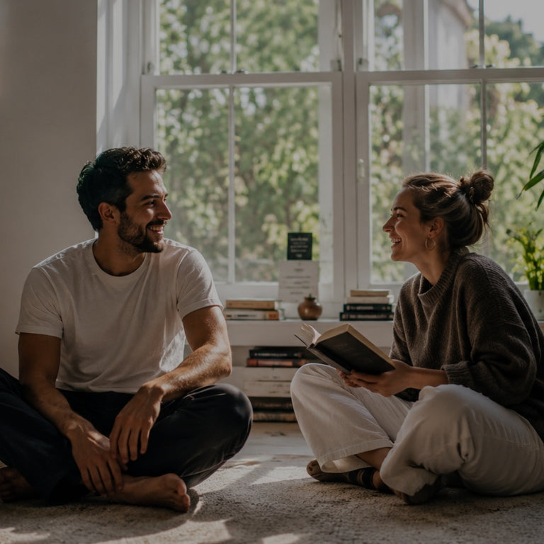 Two people sitting on the floor in a living room, engaged in conversation.
