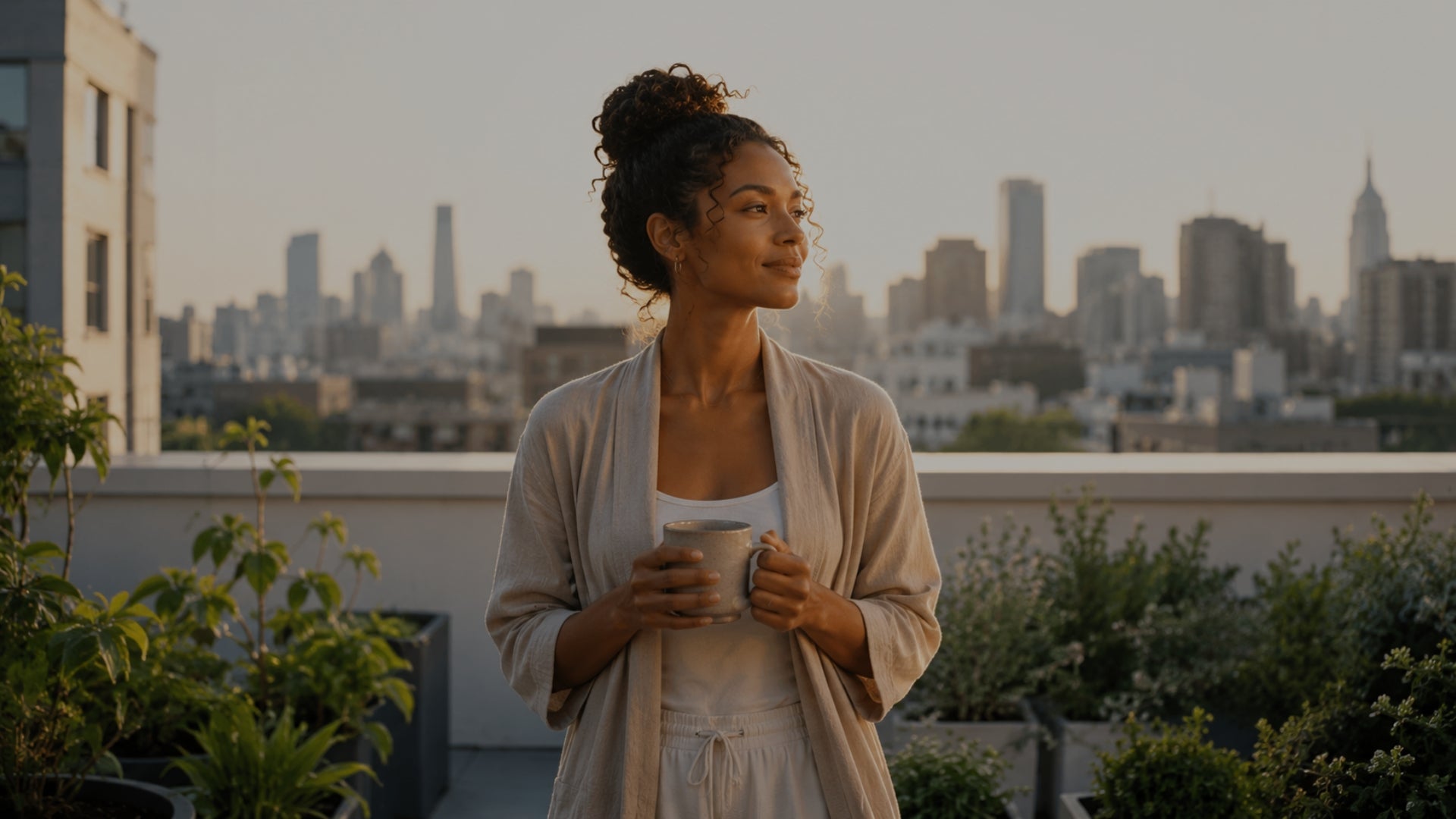 Woman on a rooftop with a city skyline in the background
