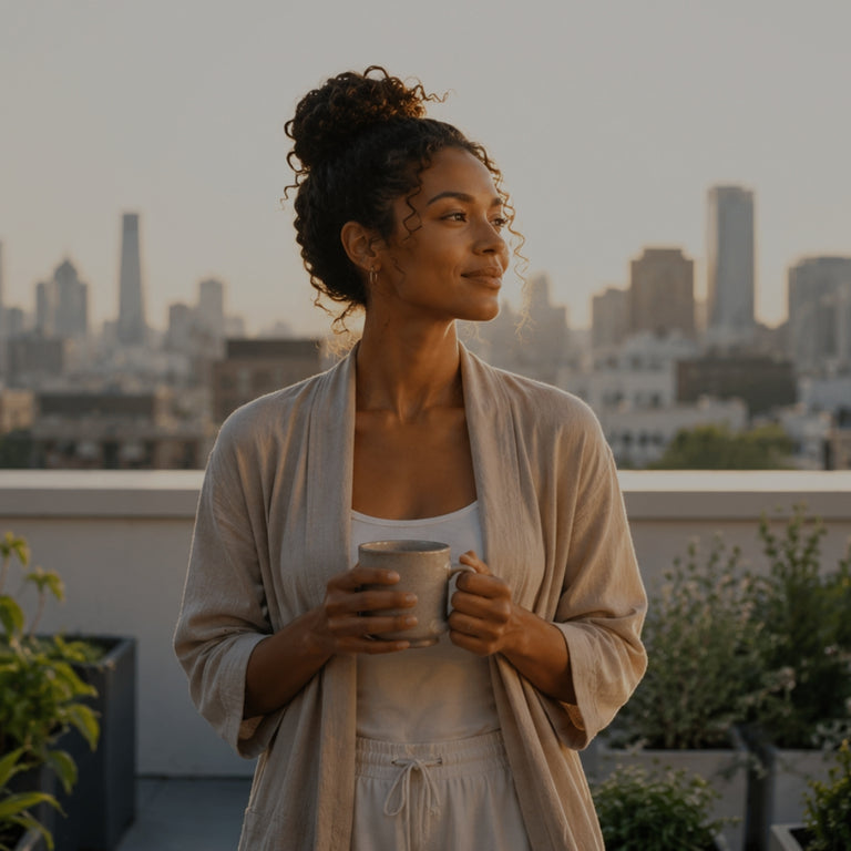 Woman on a rooftop with a city skyline in the background